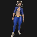Woman With Pigtails In Blue Crop Top Blue Leggings With Yellow Stripes And White Sneakers