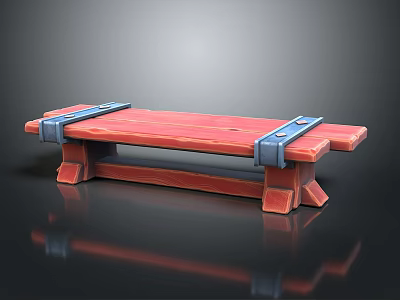 Outdoor Bench with Red Wooden Planks Blue Metal Brackets and Support Legs 3d model