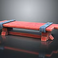 Outdoor Bench with Red Wooden Planks Blue Metal Brackets and Support Legs
