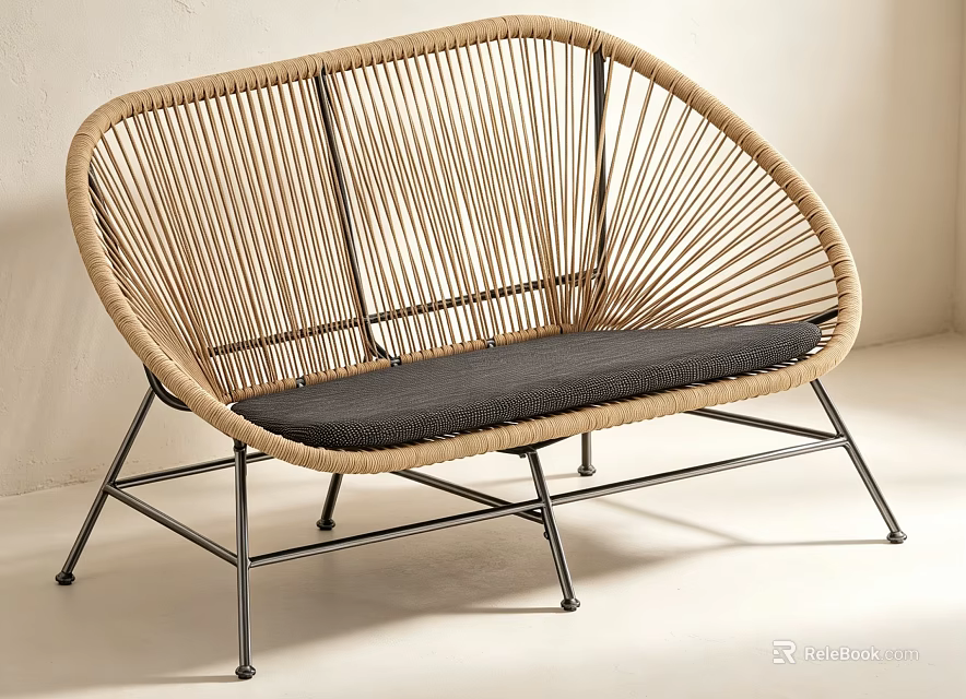 Natural Rattan Lounge Chair With Gray Cushion And Black Metal Legs 3d model 