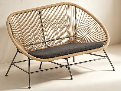 Natural Rattan Lounge Chair With Gray Cushion And Black Metal Legs 3d model