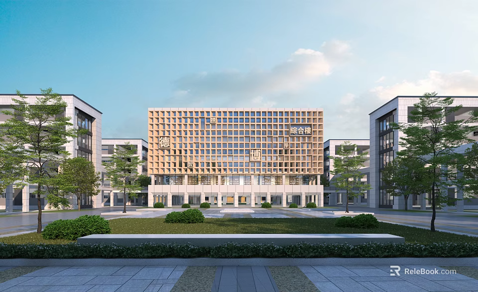 Modern Library Building Exterior Design With Grid Facade And Surrounding Greenery 3d model
