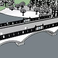 Red Brick Municipal Road Bridge with Arch Design Street Lamps and Railings over River