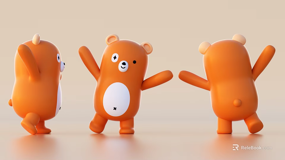 Cute Orange Bear Toys in Three Different Poses Front Back Side Views 3d model 