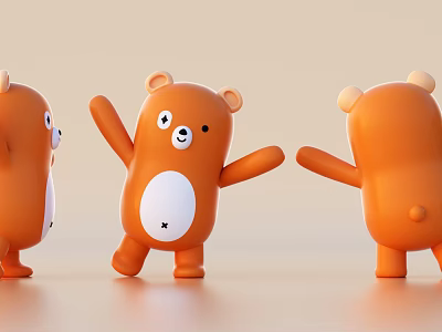 Cute Orange Bear Toys in Three Different Poses Front Back Side Views 3d model