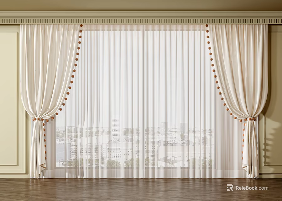 Ivory Layered Curtains With Decorative Tiebacks And Sheer Panels By Window With City View 3d model 