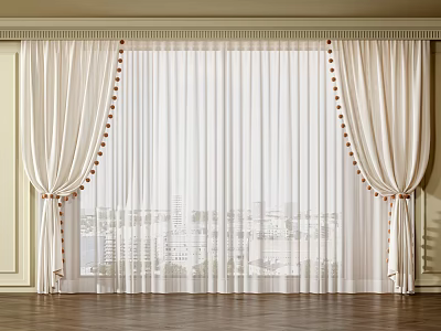 Ivory Layered Curtains With Decorative Tiebacks And Sheer Panels By Window With City View 3d model