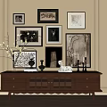 Wooden TV Stand With Drawers Glass Doors Decorative Vase Statue Candlesticks And Framed Wall Art