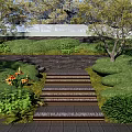 Park Landscape with Stone Steps Lush Green Lawns Trees Stone Walls and Orange Flowers