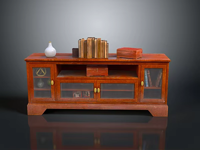 Wooden TV Stand With Glass Doors And Decorations Including White Vase Books Red Box 3d model