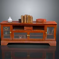 Wooden TV Stand With Glass Doors And Decorations Including White Vase Books Red Box
