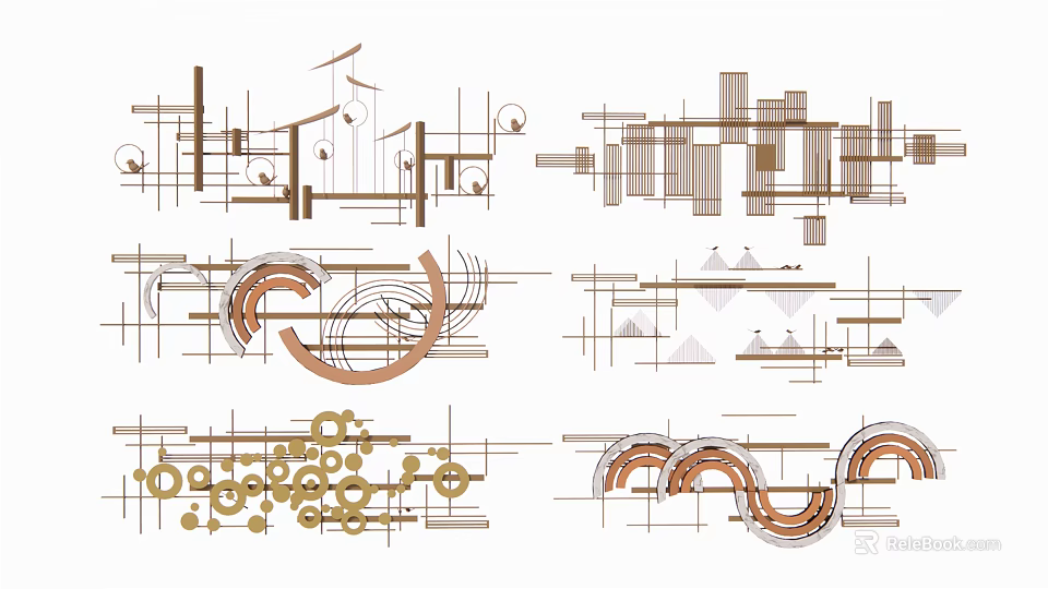 Modern Abstract Wall Decor With Geometric Lines Curves And Gold Brown Shapes 3d model 