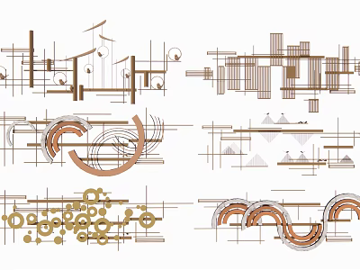 Modern Abstract Wall Decor With Geometric Lines Curves And Gold Brown Shapes 3d model