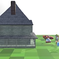 Cartoon Characters Standing in Front of Classic House with Green Lawn and Group Gathering