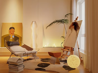 Comfortable Lounge Chair In Modern Living Room With Artwork Plant And Floor Lamp 3d model