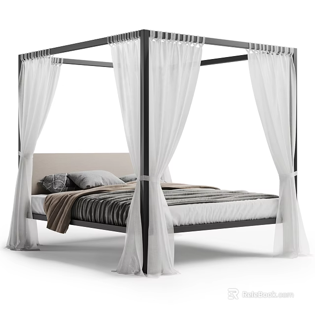 Four Poster Double Bed With Black Frame White Drapes And Striped Blanket 3d model 