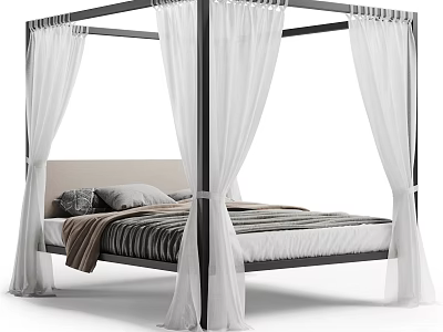 Four Poster Double Bed With Black Frame White Drapes And Striped Blanket 3d model