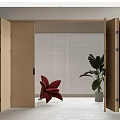 Open Wooden Folding Doors In Modern Interior With Blinds Red Chair And Green Plant