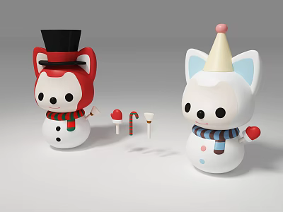 Cute Cartoon Fox Plush Toys With Santa Hat Scarf And Candy Cane Accessories 3d model