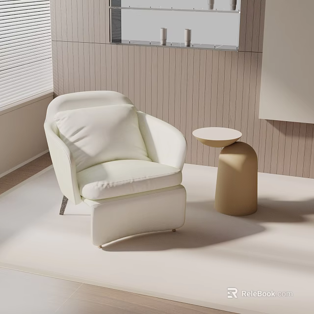 Stylish White Upholstered Accent Chair with Round Side Table in Minimalist Modern Interior Space 3d model 