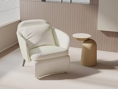 Stylish White Upholstered Accent Chair with Round Side Table in Minimalist Modern Interior Space 3d model