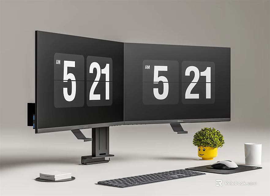 Dual Monitor Computer Workstation Setup With Digital Clock Display Keyboard Mouse Small Potted Plant And Cup 3d model 