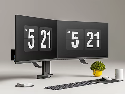 Dual Monitor Computer Workstation Setup With Digital Clock Display Keyboard Mouse Small Potted Plant And Cup 3d model