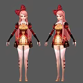Detailed Game Movie Character With Pink Hair Red Bow Red Gold Outfit Front Side Views