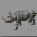 Bronze Rhinoceros Statue with Intricate Metal Plates on Black Reflective Surface