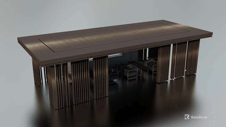 Modern Contemporary Table Structure With Glossy Surface And Vertical Slat Supports In Interior 3d model 