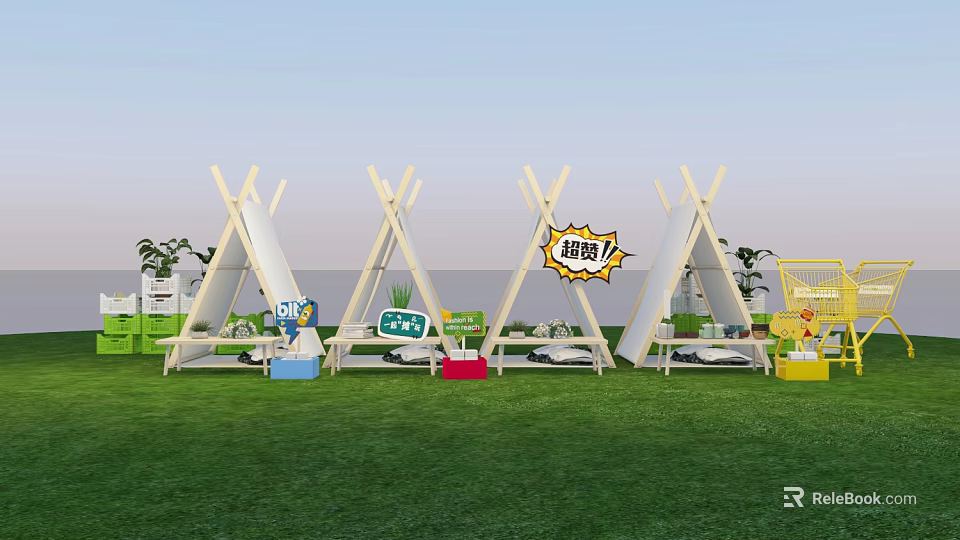 Outdoor Grassy Area With White Tents Colorful Storage Boxes Promotion Sign And Shopping Cart 3d model 