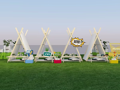 Outdoor Grassy Area With White Tents Colorful Storage Boxes Promotion Sign And Shopping Cart 3d model