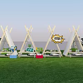 Outdoor Grassy Area With White Tents Colorful Storage Boxes Promotion Sign And Shopping Cart