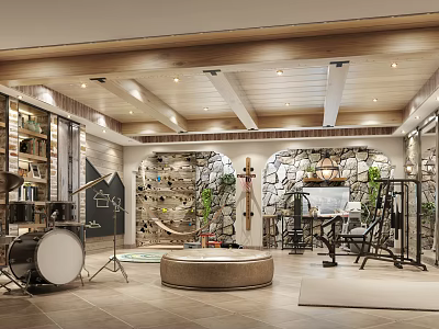 Entertainment Room With Drum Set Stone Wall Green Plants Hammock Chair And Wooden Beams 3d model