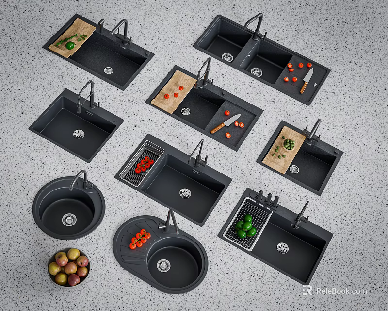 Black Kitchen Sinks In Various Designs With Vegetables And Knives Displayed 3d model