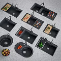 Black Kitchen Sinks In Various Designs With Vegetables And Knives Displayed 3d model