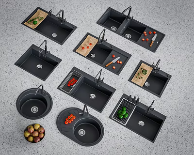 Black Kitchen Sinks In Various Designs With Vegetables And Knives Displayed 3d model