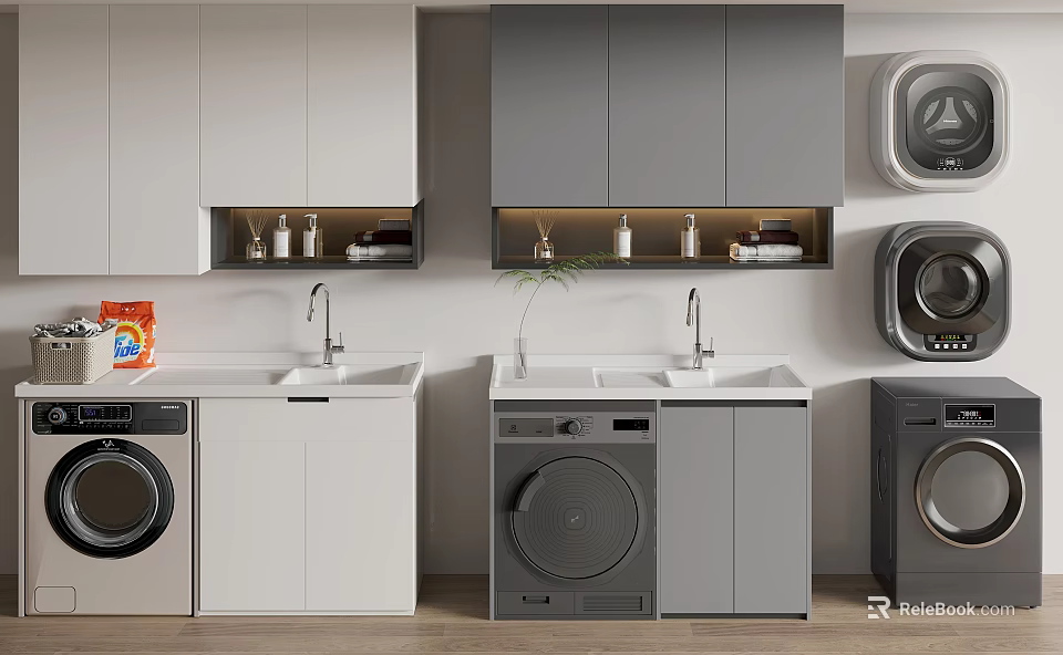 Modern Bathroom Cabinet with Sink Faucet Upper Cabinets and Washing Machine Storage in White Gray 3d model 