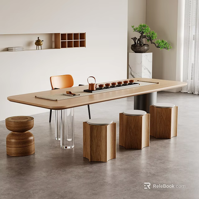 Minimalist Wooden Tea Table with Orange Chair Wooden Stools and Tea Set Decor 3d model 