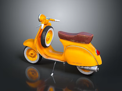 Vintage Yellow Scooter Classic Motorcycle With Brown Seat And White Rim Wheels 3d model