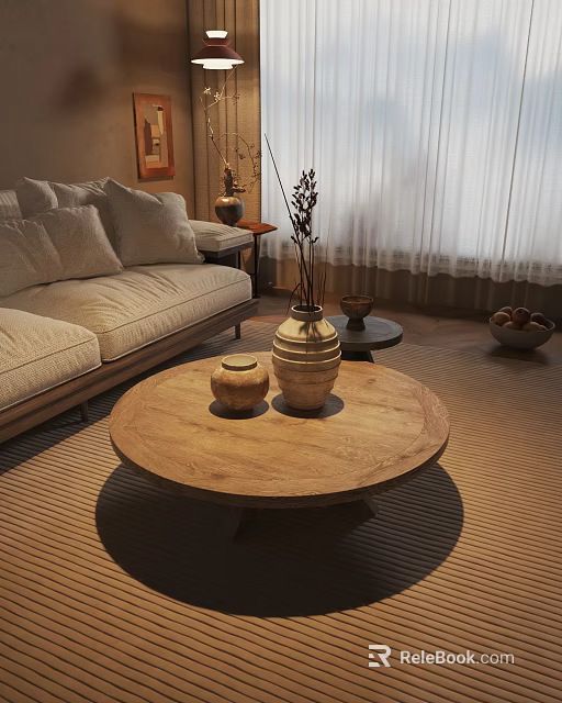 Round Natural Wooden Coffee Table With Decorative Vases Sofa And Curtains In Cozy Living Room 3d model 