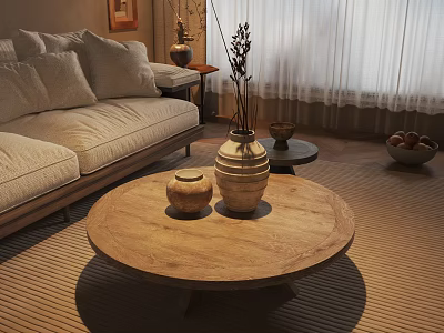 Round Natural Wooden Coffee Table With Decorative Vases Sofa And Curtains In Cozy Living Room 3d model