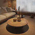 Round Natural Wooden Coffee Table With Decorative Vases Sofa And Curtains In Cozy Living Room