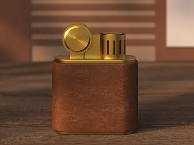 Vintage Brown Leather Lighter With Golden Knob On Wooden Table Surface 3d model