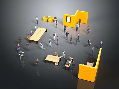 Game and Movie Characters Moving and Working in Office Setting with Yellow Cubicles and Tables 3d model