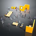 Game and Movie Characters Moving and Working in Office Setting with Yellow Cubicles and Tables
