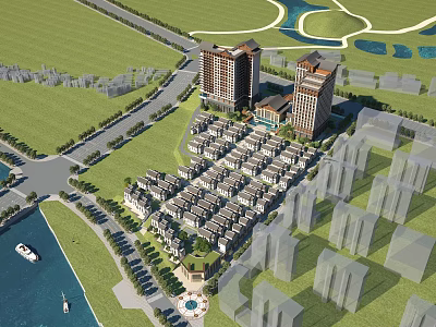 Aerial Planning of Residential Community With High Rise Buildings Green Spaces And Waterfront 3d model