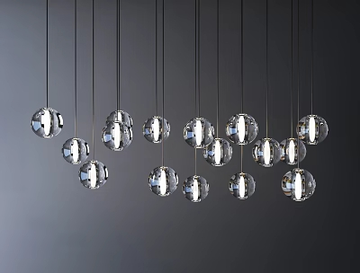 Transparent Spherical Pendant Lights Hanging On Black Wires Against Grey Background 3d model