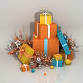 Festive Stacked Colorful Gift Boxes With Decorative Branches And Balls