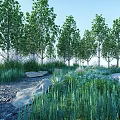 Tranquil Garden Landscape With Curved Path Pond Lights Green Plants And Stone Paving